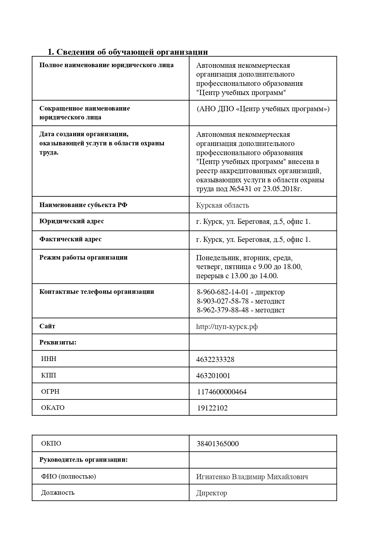 Контакты (2) - АНО ДПО «Центр учебных программ». Обучение и сопровождение  по охране труда в г. Курск